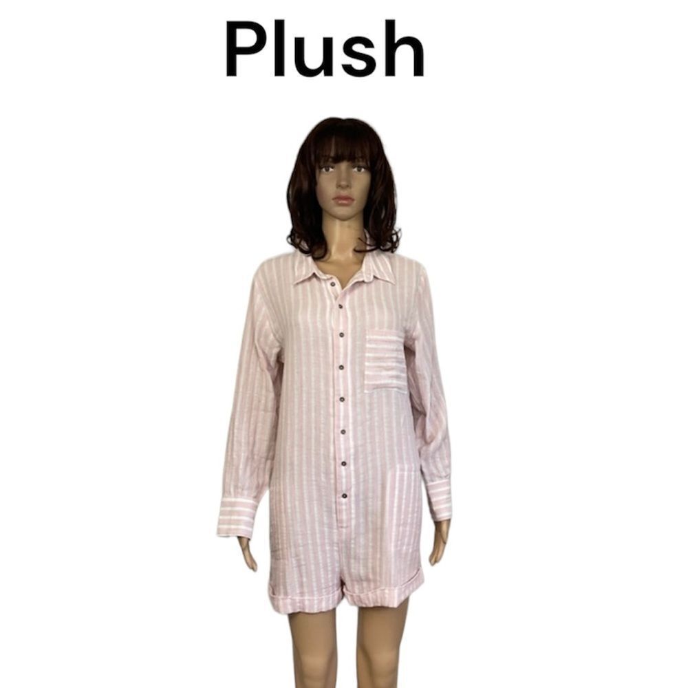 NEW Plush Apparel Pink White Striped Cotton & Linen Pajamas Sleep Romper Small
